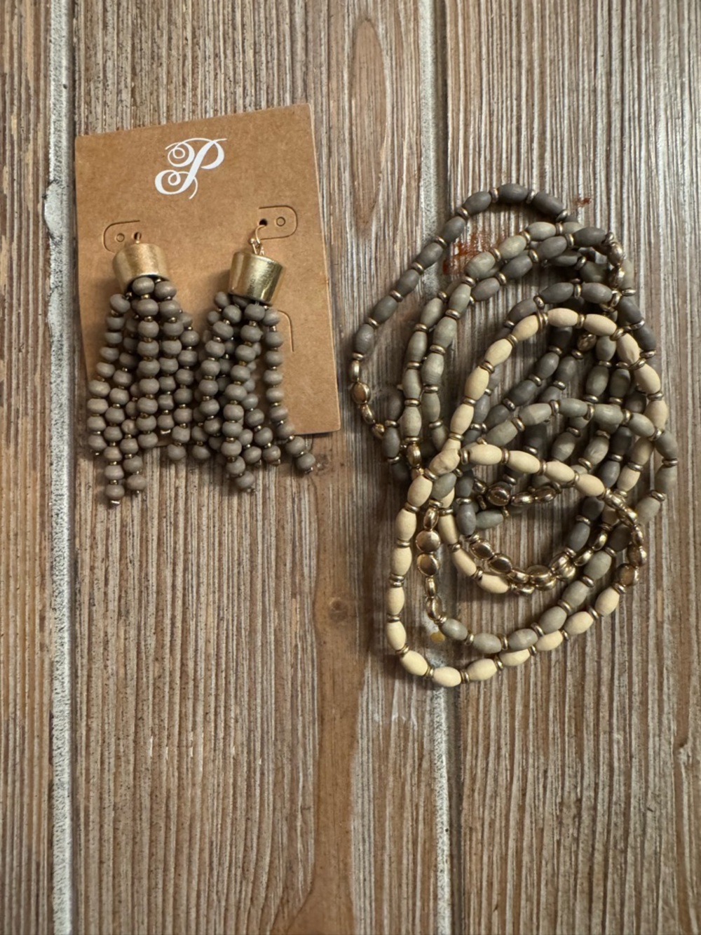 2Fer Set of Beaded Tassel Earrings and Bracelets- dark taupe  and Gold - Picture 3 of 6